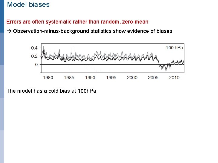 Model biases Errors are often systematic rather than random, zero-mean Observation-minus-background statistics show evidence