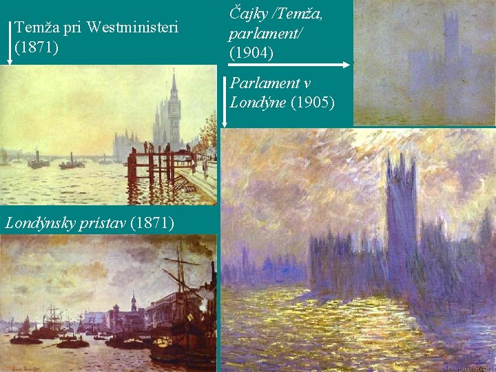 Temža pri Westministeri (1871) Čajky /Temža, parlament/ (1904) Parlament v Londýne (1905) Londýnsky prístav