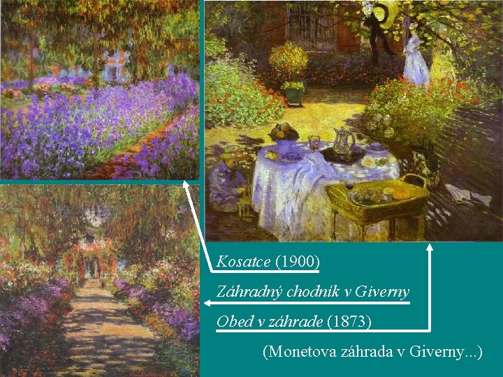 Kosatce (1900) Záhradný chodník v Giverny Obed v záhrade (1873) (Monetova záhrada v Giverny.