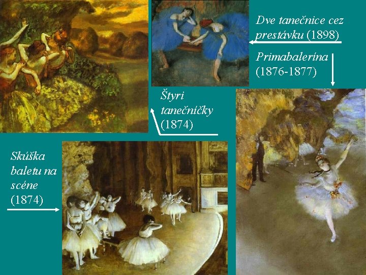 Dve tanečnice cez prestávku (1898) Primabalerína (1876 -1877) Štyri tanečníčky (1874) Skúška baletu na