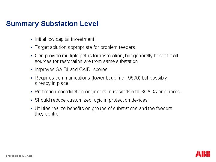 Summary Substation Level § Initial low capital investment § Target solution appropriate for problem