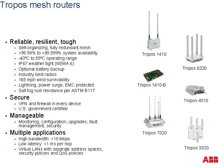 Tropos mesh routers § Reliable, resilient, tough § § § Tropos 6320 Tropos 1410