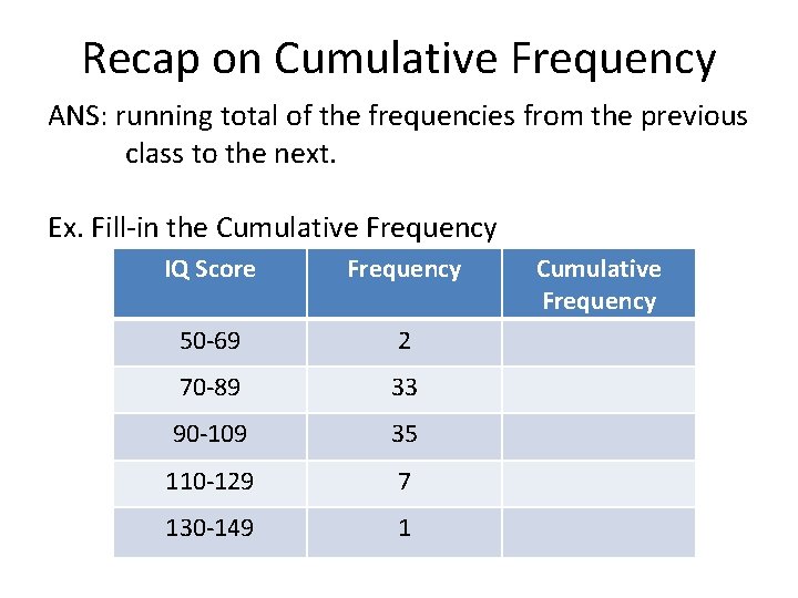 Recap on Cumulative Frequency ANS: running total of the frequencies from the previous class