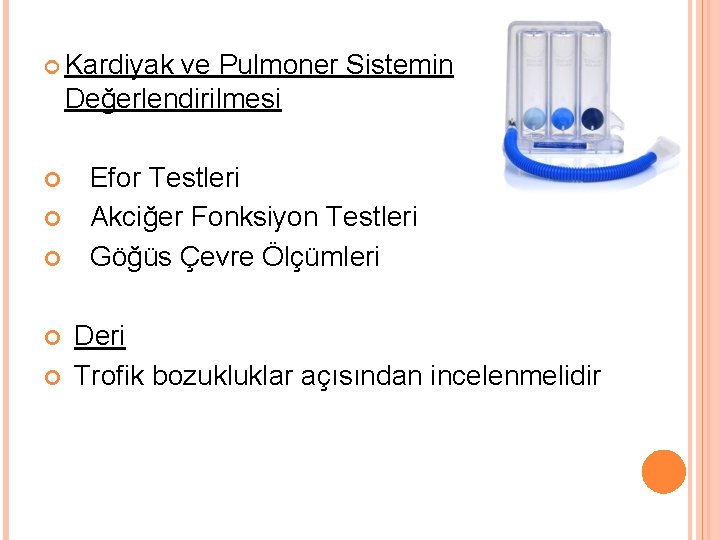  Kardiyak ve Pulmoner Sistemin Değerlendirilmesi Efor Testleri Akciğer Fonksiyon Testleri Göğüs Çevre Ölçümleri