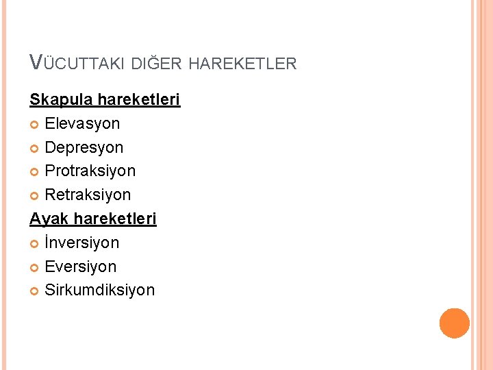 VÜCUTTAKI DIĞER HAREKETLER Skapula hareketleri Elevasyon Depresyon Protraksiyon Retraksiyon Ayak hareketleri İnversiyon Eversiyon Sirkumdiksiyon