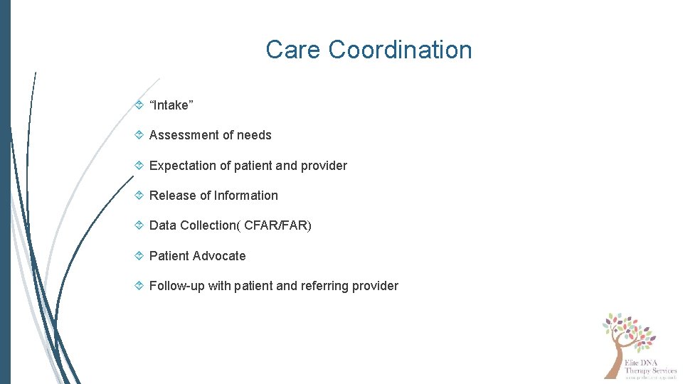 Care Coordination “Intake” Assessment of needs Expectation of patient and provider Release of Information