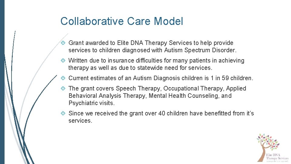 Collaborative Care Model Grant awarded to Elite DNA Therapy Services to help provide services