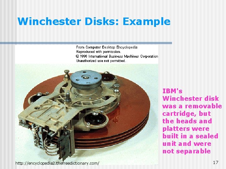 Winchester Disks: Example IBM's Winchester disk was a removable cartridge, but the heads and Winchester Disks: Example IBM's Winchester disk was a removable cartridge, but the heads and