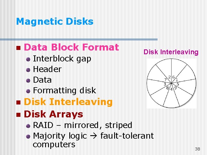 Magnetic Disks n Data Block Format Interblock gap Header Data Formatting disk Disk Interleaving Magnetic Disks n Data Block Format Interblock gap Header Data Formatting disk Disk Interleaving