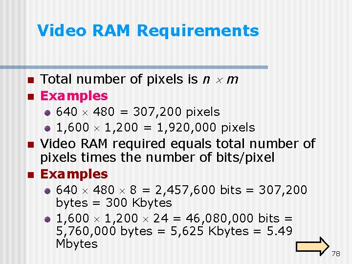 Video RAM Requirements n n Total number of pixels is n m Examples 640 Video RAM Requirements n n Total number of pixels is n m Examples 640