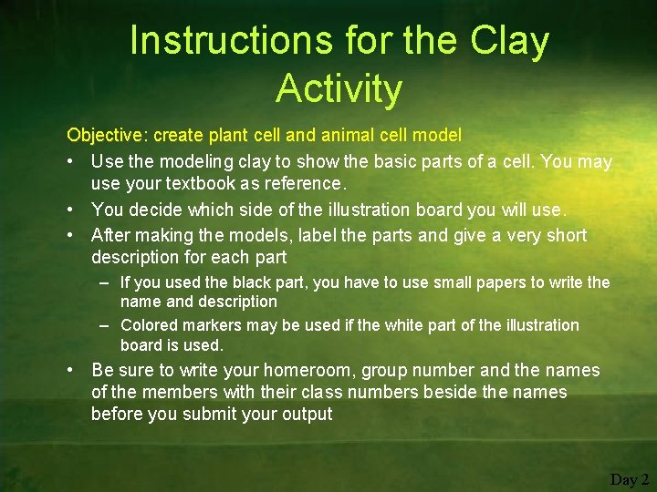 Instructions for the Clay Activity Objective: create plant cell and animal cell model •