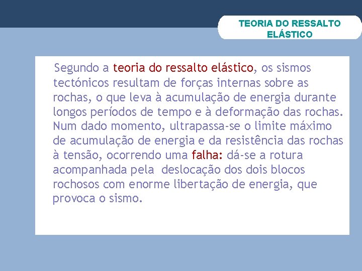 TEORIA DO RESSALTO ELÁSTICO Segundo a teoria do ressalto elástico, os sismos tectónicos resultam