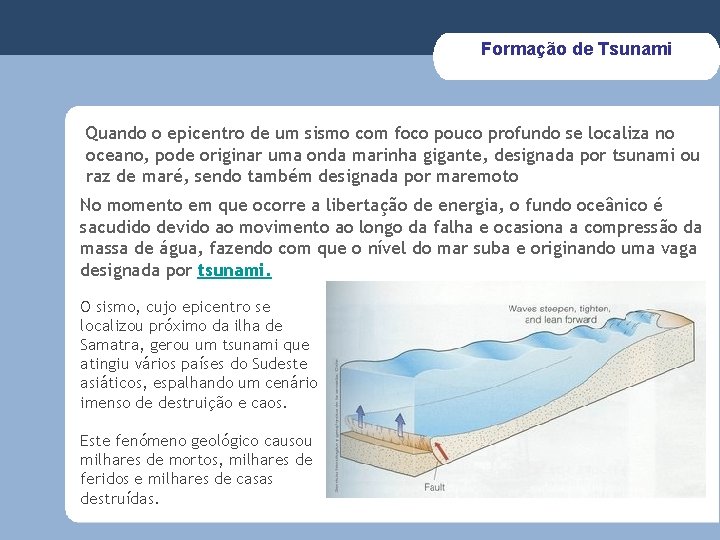Formação de Tsunami Quando o epicentro de um sismo com foco pouco profundo se