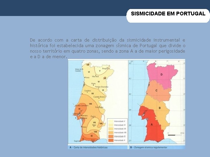 SISMICIDADE EM PORTUGAL De acordo com a carta de distribuição da sismicidade instrumental e