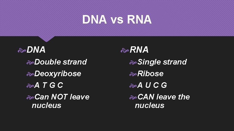 DNA vs RNA Double strand Deoxyribose A T G C Can NOT leave nucleus
