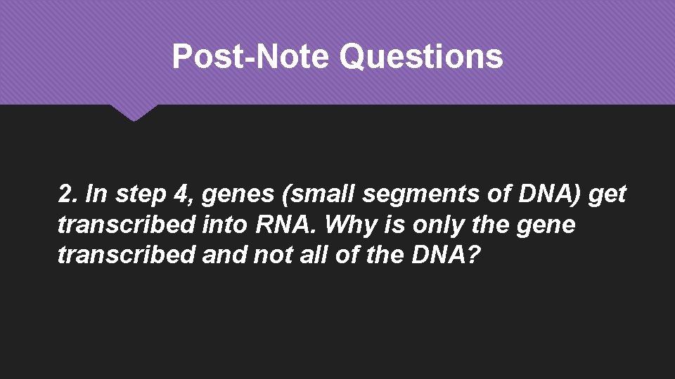 Post-Note Questions 2. In step 4, genes (small segments of DNA) get transcribed into