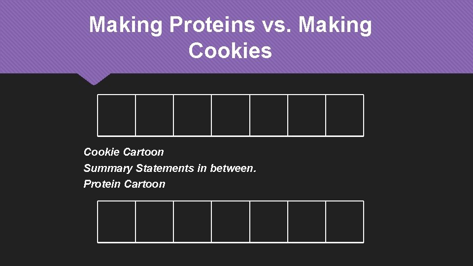 Making Proteins vs. Making Cookies Cookie Cartoon Summary Statements in between. Protein Cartoon 