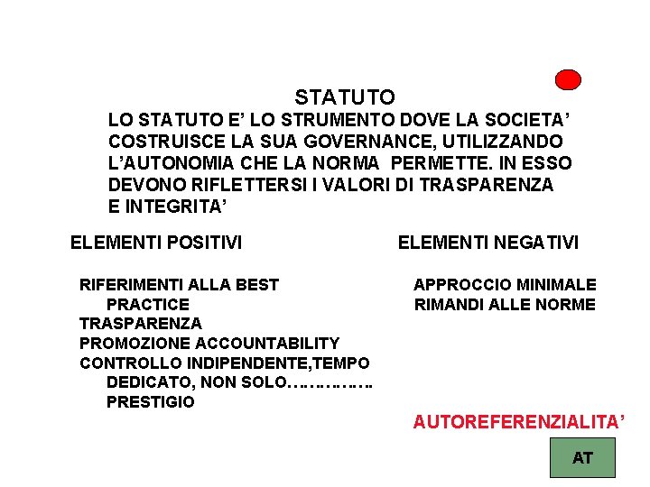 STATUTO LO STATUTO E’ LO STRUMENTO DOVE LA SOCIETA’ COSTRUISCE LA SUA GOVERNANCE, UTILIZZANDO