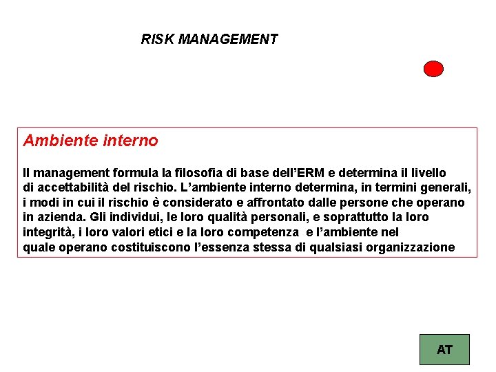 RISK MANAGEMENT Ambiente interno Il management formula la filosofia di base dell’ERM e determina