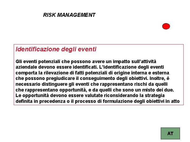 RISK MANAGEMENT Identificazione degli eventi Gli eventi potenziali che possono avere un impatto sull’attività