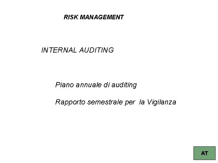 RISK MANAGEMENT INTERNAL AUDITING Piano annuale di auditing Rapporto semestrale per la Vigilanza 71