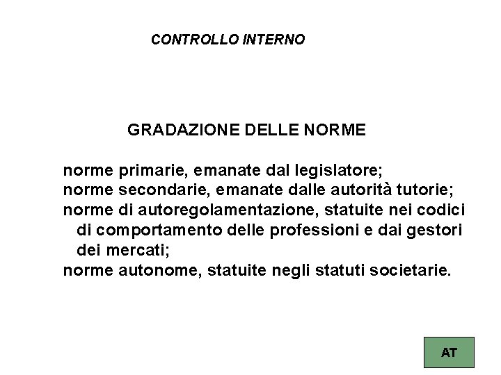 CONTROLLO INTERNO GRADAZIONE DELLE NORME norme primarie, emanate dal legislatore; norme secondarie, emanate dalle