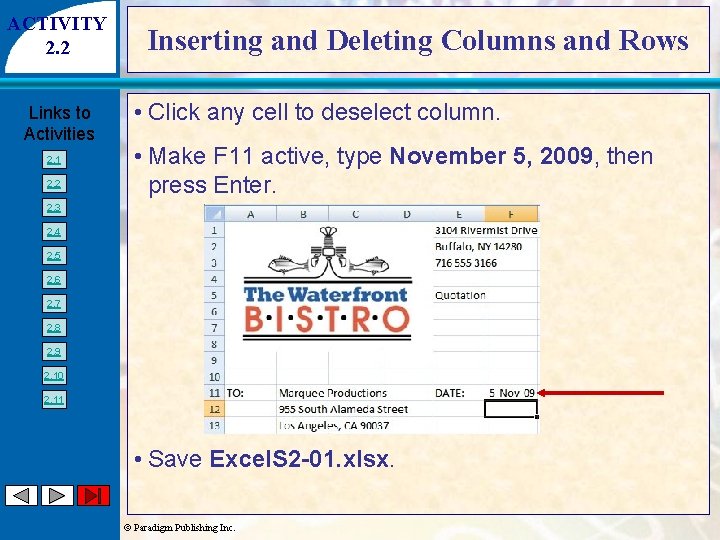 ACTIVITY 2. 2 Links to Activities 2. 1 2. 2 Inserting and Deleting Columns