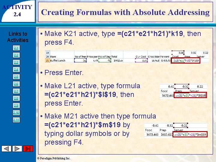 ACTIVITY 2. 4 Links to Activities 2. 1 Creating Formulas with Absolute Addressing •