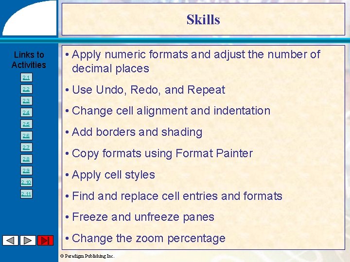 Skills Links to Activities 2. 1 2. 2 • Apply numeric formats and adjust