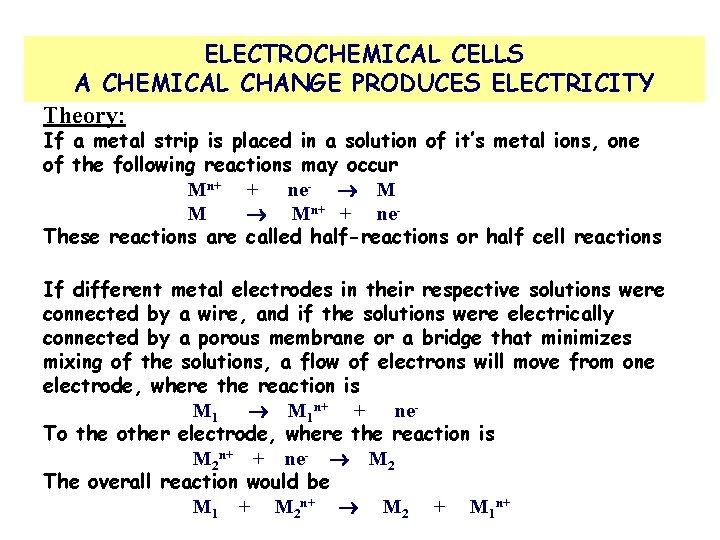 ELECTROCHEMICAL CELLS A CHEMICAL CHANGE PRODUCES ELECTRICITY Theory: If a metal strip is placed