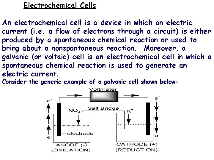 Electrochemical Cells An electrochemical cell is a device in which an electric current (i.