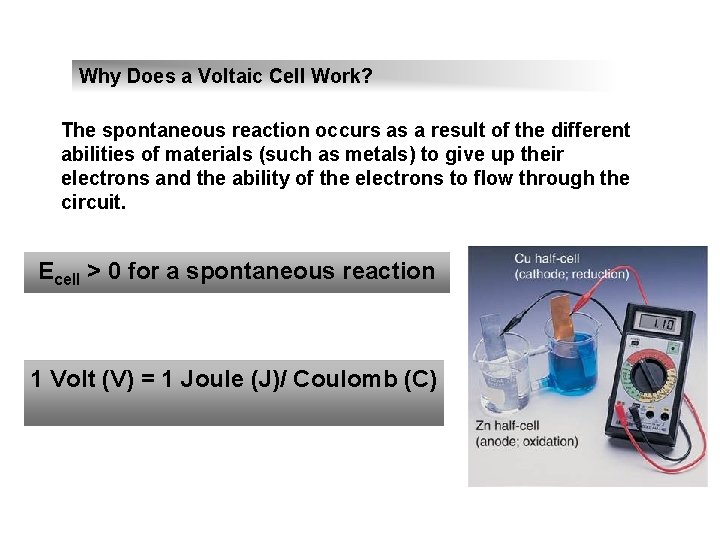 Why Does a Voltaic Cell Work? The spontaneous reaction occurs as a result of