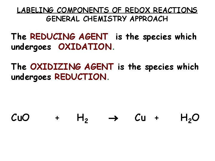 LABELING COMPONENTS OF REDOX REACTIONS GENERAL CHEMISTRY APPROACH The REDUCING AGENT is the species