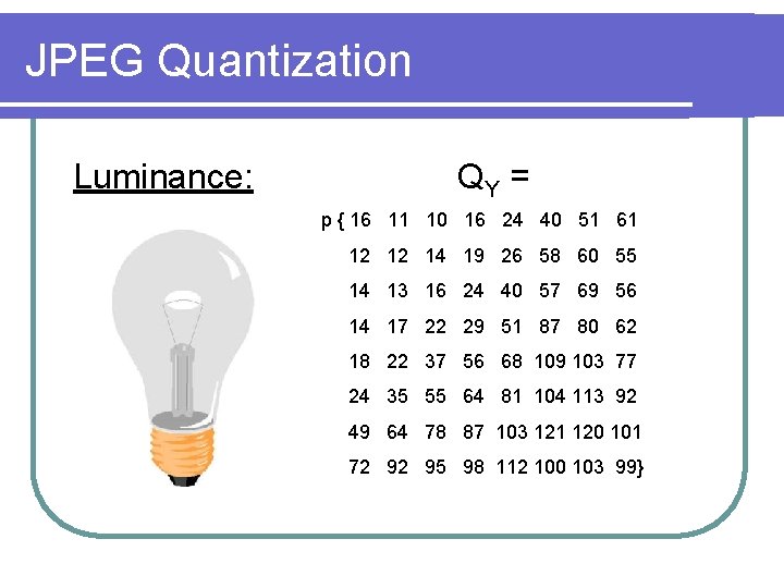 JPEG Quantization Luminance: QY = p { 16 11 10 16 24 40 51