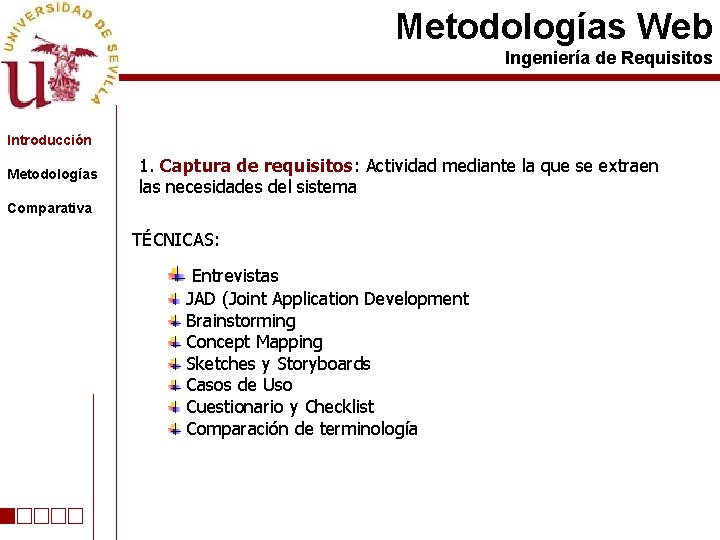 Metodologías Web Ingeniería de Requisitos Introducción Metodologías 1. Captura de requisitos: Actividad mediante la