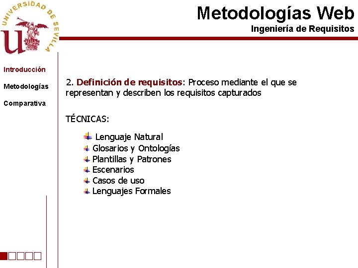 Metodologías Web Ingeniería de Requisitos Introducción Metodologías 2. Definición de requisitos: Proceso mediante el