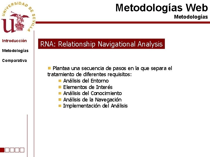 Metodologías Web Metodologías Introducción RNA: Relationship Navigational Analysis Metodologías Comparativa Plantea una secuencia de