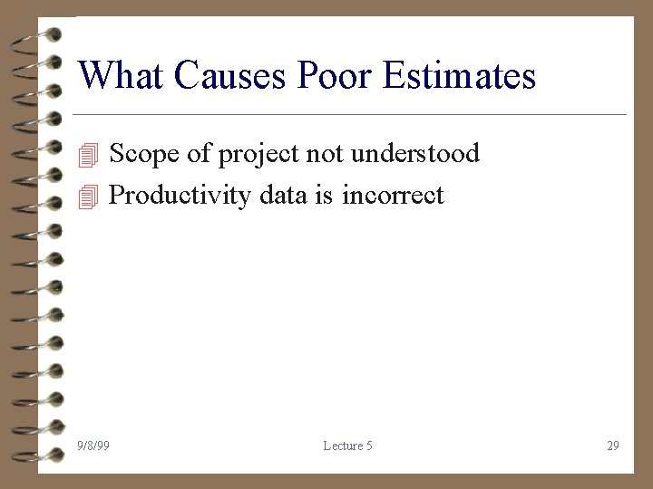 What Causes Poor Estimates 4 Scope of project not understood 4 Productivity data is