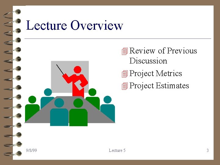 Lecture Overview 4 Review of Previous Discussion 4 Project Metrics 4 Project Estimates 9/8/99