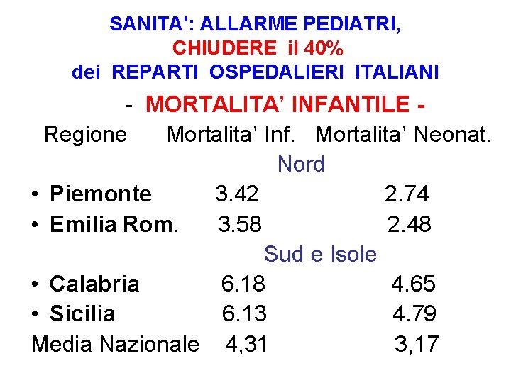SANITA': ALLARME PEDIATRI, CHIUDERE il 40% dei REPARTI OSPEDALIERI ITALIANI - MORTALITA’ INFANTILE Regione