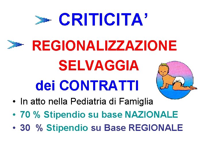CRITICITA’ REGIONALIZZAZIONE SELVAGGIA dei CONTRATTI • In atto nella Pediatria di Famiglia • 70