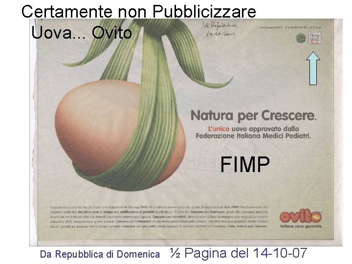 Certamente non Pubblicizzare Uova. . . Ovito FIMP Da Repubblica di Domenica ½ Pagina