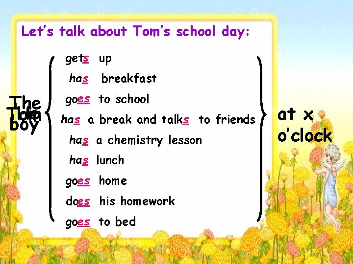 Let’s talk about Tom’s school day: gets up have has breakfast The He Tom