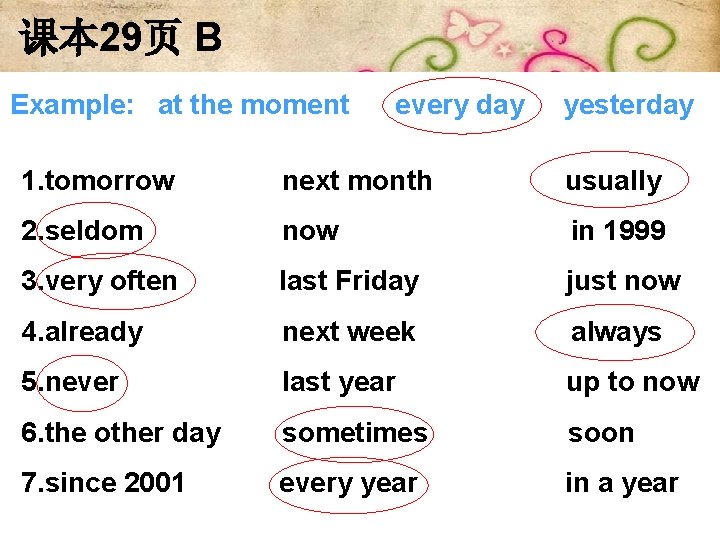 课本 29页 B Example: at the moment every day yesterday 1. tomorrow next month