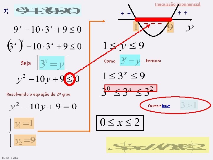 Inequação exponencial 7) + + – – – Seja Como temos: Resolvendo a equação