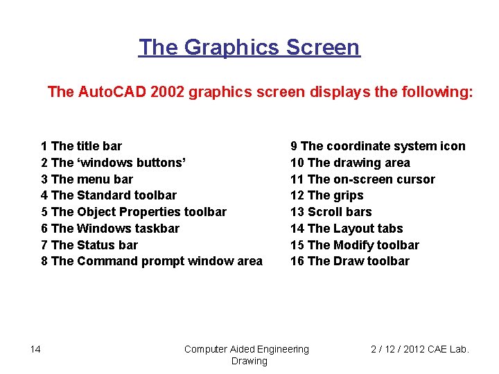 The Graphics Screen The Auto. CAD 2002 graphics screen displays the following: 1 The