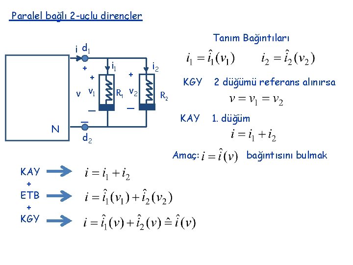 Paralel bağlı 2 -uçlu dirençler Tanım Bağıntıları i d 1 + + v v