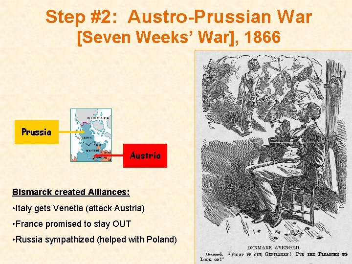 Step #2: Austro-Prussian War [Seven Weeks’ War], 1866 Prussia Austria Bismarck created Alliances: •
