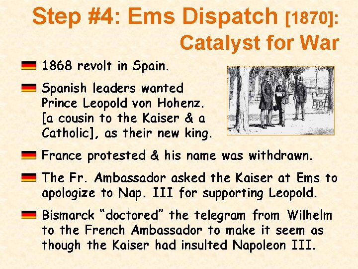 Step #4: Ems Dispatch [1870]: Catalyst for War 1868 revolt in Spain. Spanish leaders