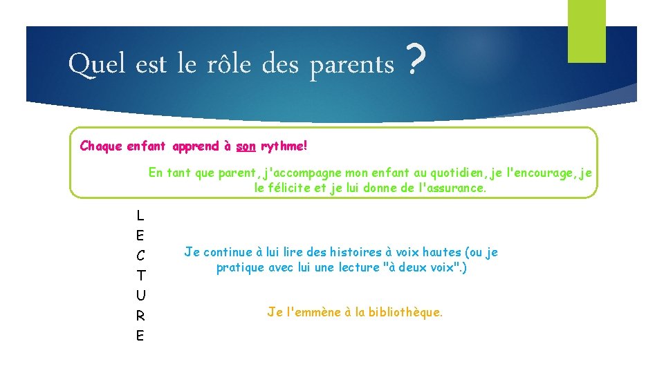 Quel est le rôle des parents ? Chaque enfant apprend à son rythme! En